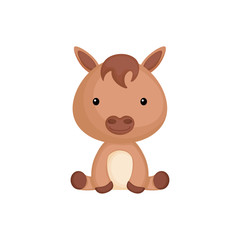 Cute funny sitting baby horse isolated on white background. Domestic adorable animal character for design of album, scrapbook, card and invitation. Flat cartoon colorful vector illustration.