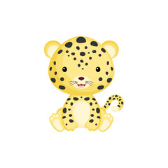 Cute funny sitting baby jaguar isolated on white background. Jungle adorable animal character for design of album, scrapbook, card and invitation. Flat cartoon colorful vector illustration. © Jexy