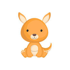 Cute funny sitting baby kangaroo isolated on white background. Wild australian adorable animal character for design of album, scrapbook, card and invitation. Flat cartoon colorful vector illustration.