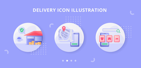 Delivery icon set collection with flat style full color modern flat cartoon design modern flat cartoon design with warehouse smartphone and ecomemrce vector