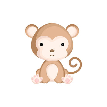 Cute funny sitting baby monkey isolated on white background. Wild african adorable animal character for design of album, scrapbook, card and invitation. Flat cartoon colorful vector illustration.