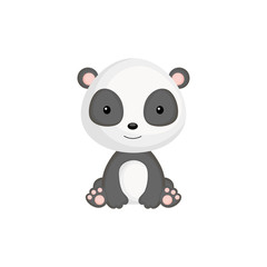 Cute funny sitting baby panda isolated on white background. Adorable animal character for design of album, scrapbook, card and invitation. Flat cartoon colorful vector illustration.