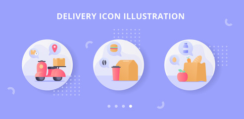 Delivery icon set collection with flat style full color modern flat cartoon design with motor bike vector