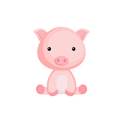 Obraz na płótnie Canvas Cute funny sitting baby pig isolated on white background. Domestic adorable animal character for design of album, scrapbook, card and invitation. Flat cartoon colorful vector illustration.