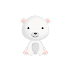 Obraz na płótnie Canvas Cute funny sitting baby polar bear isolated on white background. Wild arctic adorable animal character for design of album, scrapbook, card and invitation. Flat cartoon colorful vector illustration.