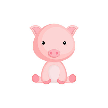 Cute funny sitting baby pig isolated on white background. Domestic adorable animal character for design of album, scrapbook, card and invitation. Flat cartoon colorful vector illustration.