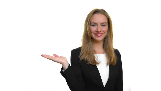 Smiling bussiness woman presenting something on her hand