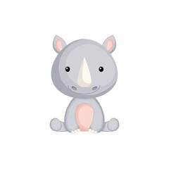 Cute funny sitting baby rhino isolated on white background. Wild african adorable animal character for design of album, scrapbook, card and invitation. Flat cartoon colorful vector illustration.