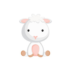 Cute funny sitting baby sheep isolated on white background. Domestic adorable animal character for design of album, scrapbook, card and invitation. Flat cartoon colorful vector illustration.