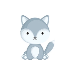 Cute funny sitting baby wolf isolated on white background. Woodland adorable animal character for design of album, scrapbook, card and invitation. Flat cartoon colorful vector illustration.