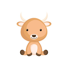 Cute funny sitting baby yak isolated on white background. Domestic adorable animal character for design of album, scrapbook, card and invitation. Flat cartoon colorful vector illustration.