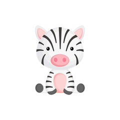 Cute funny sitting baby zebra isolated on white background. Wild african adorable animal character for design of album, scrapbook, card and invitation. Flat cartoon colorful vector illustration.
