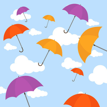 Umbrellas in the clouds. Background image of multi-colored umbrellas on a background of the sky with clouds. Vector, cartoon illustration.