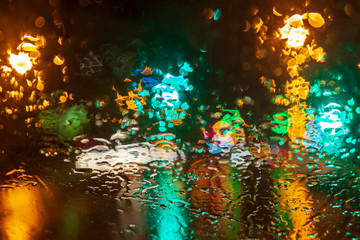 Rainy weather, night city, raindrops through the glass, abstract background from the light of cars and traffic lights, defocus,