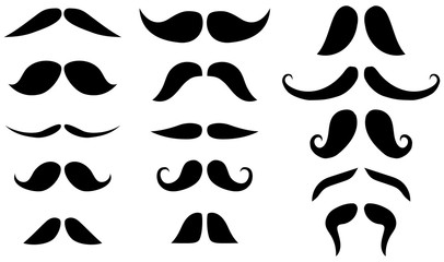 Mustache, set of male black mustache isolated on white background. Vector, cartoon illustration.