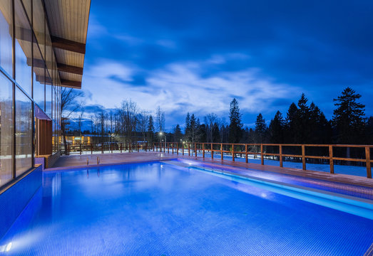 beautiful spacious large pool in the evening a lot of water landscape outdoor pool beautiful forest view