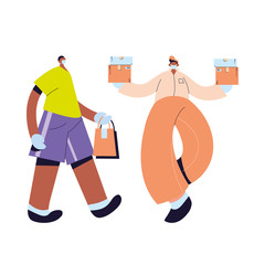 messenger and man with masks, gloves and packages