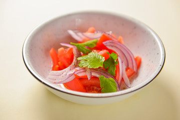 Fresh salad with red onion, tomatoes and basil. Served in a white bowl over bright background.