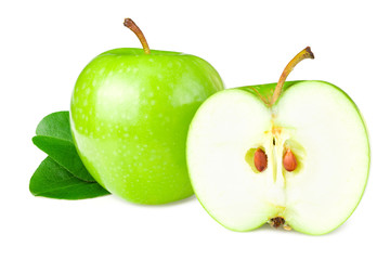 green apples with slices and green leaves isolated on white background