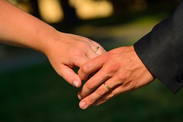 Newlyweds holding hands with rings at wedding