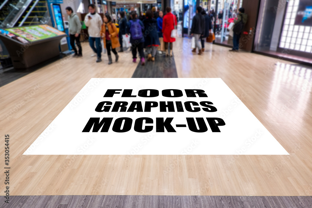 Wall mural mock up screen for graphic on floor at walkway of mall