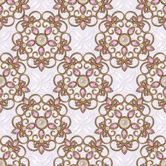 Seamless 3D illustration with precious stones with decorative elements.Regular pattern with glass elements. Luxury texture.