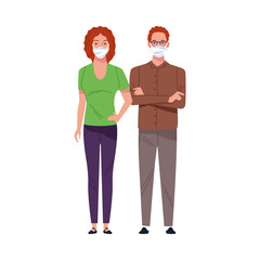 young couple using medical masks characters