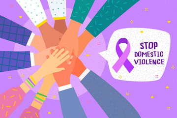 Concept of healthcare, charity, people and social problems. Hands with purple violet domestic violence awareness ribbon and hearts.