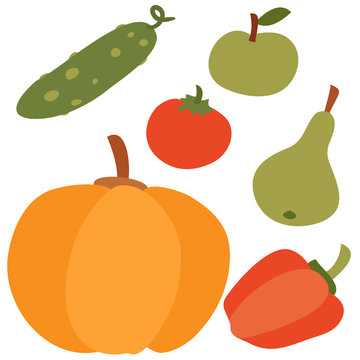 set of vegetables and fruits, cucumber, pumpkin, apple, pear, flatten, isolated object on a white background, vector illustration,