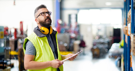 Technician or engineer with protective headphones standing in industrial factory.