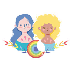 girls cartoons with lgtbi seal stamp with leaves vector design