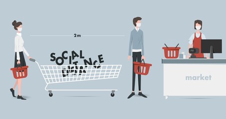 Social Distance. Market, shopping, market. Pandemic days, covid-19, socialization, communication, protection.