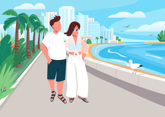 Couple in love walking along seafront flat color vector illustration. Romantic summer recreation. Boyfriend and girlfriend 2D cartoon characters with luxury resort coastline on background © IMGvisualsCharacters
