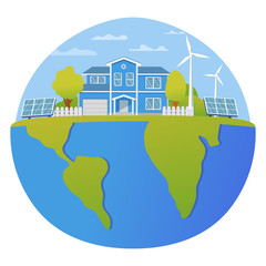 Eco energy renewable house. Solar, wind power. Planet map. Vector illustration. 