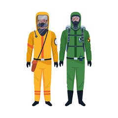 Fototapeta premium workers wearing biosafety suits characters