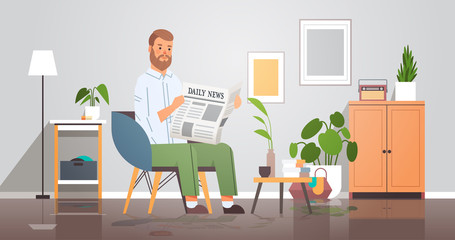 man holding newspaper reading daily news press mass media concept businessman sitting on armchair living room interior horizontal full length vector illustration