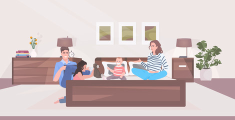 parents with children spending time together during coronavirus pandemic quarantine stay home concept modern bedroom interior horizontal full length vector illustration