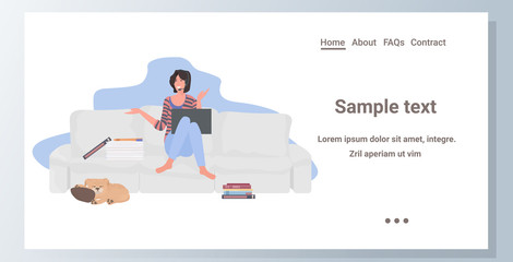 female student or businesswoman sitting on sofa girl in headset using laptop during video conference distance webinar online teaching concept horizontal full length copy space vector illustration