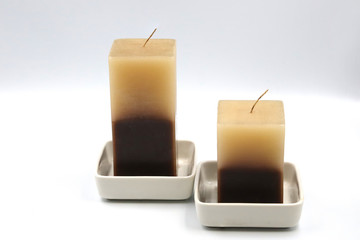 Two tone color candle, square candle on ceramic candle holder
