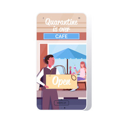 waiter holding open sign board coronavirus quarantine is ending victory over covid-19 concept street cafe exterior smartphone screen mobile app copy space vector illustration