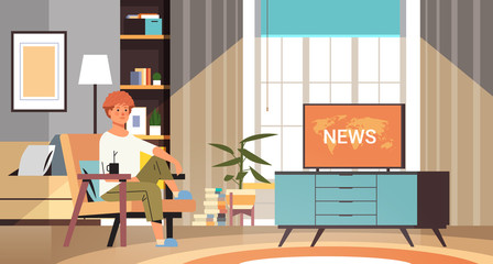 woman watching TV daily news program on television girl sitting on armchair modern living room interior full length horizontal vector illustration