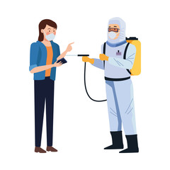 biosafety worker with sprayer portable and woman