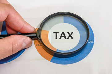 the word "tax" through a magnifying glass on a business graph. Close-up.