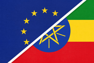 European Union or EU and Ethiopia national flag from textile. Symbol of the Council of Europe association.