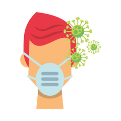 coronavirus particles with man using face mask