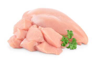 Fresh diced chicken fillet with parsley isolated on white background with clipping path and full depth of field.