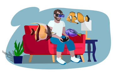 Young man in virtual reality glasses is sitting on a red couch surrounded by fish. Cartoon style vector illustration.