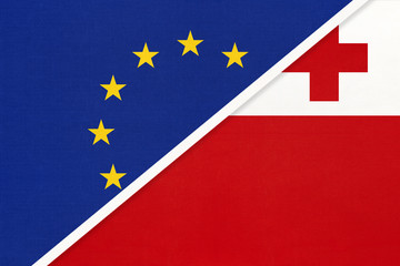 European Union or EU and Tonga national flag from textile. Symbol of the Council of Europe association.