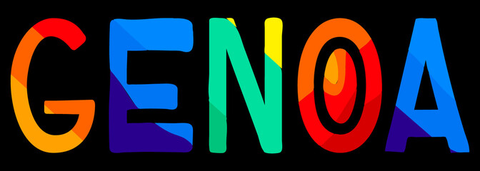 Genoa. Multicolored bright funny cartoon colorful contrast isolated inscription. Genoa Naples for prints on clothing, t-shirts, banner, flyer, cards, souvenir. Rainbow colors. Stock vector picture.