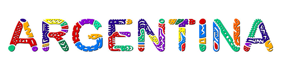 Argentina. Multicolored bright contrast isolate inscription. Colored curves doodle letters. Argentina for prints on clothing, t-shirts, souvenir, booklet, banner, cards, satchels. Stock picture.